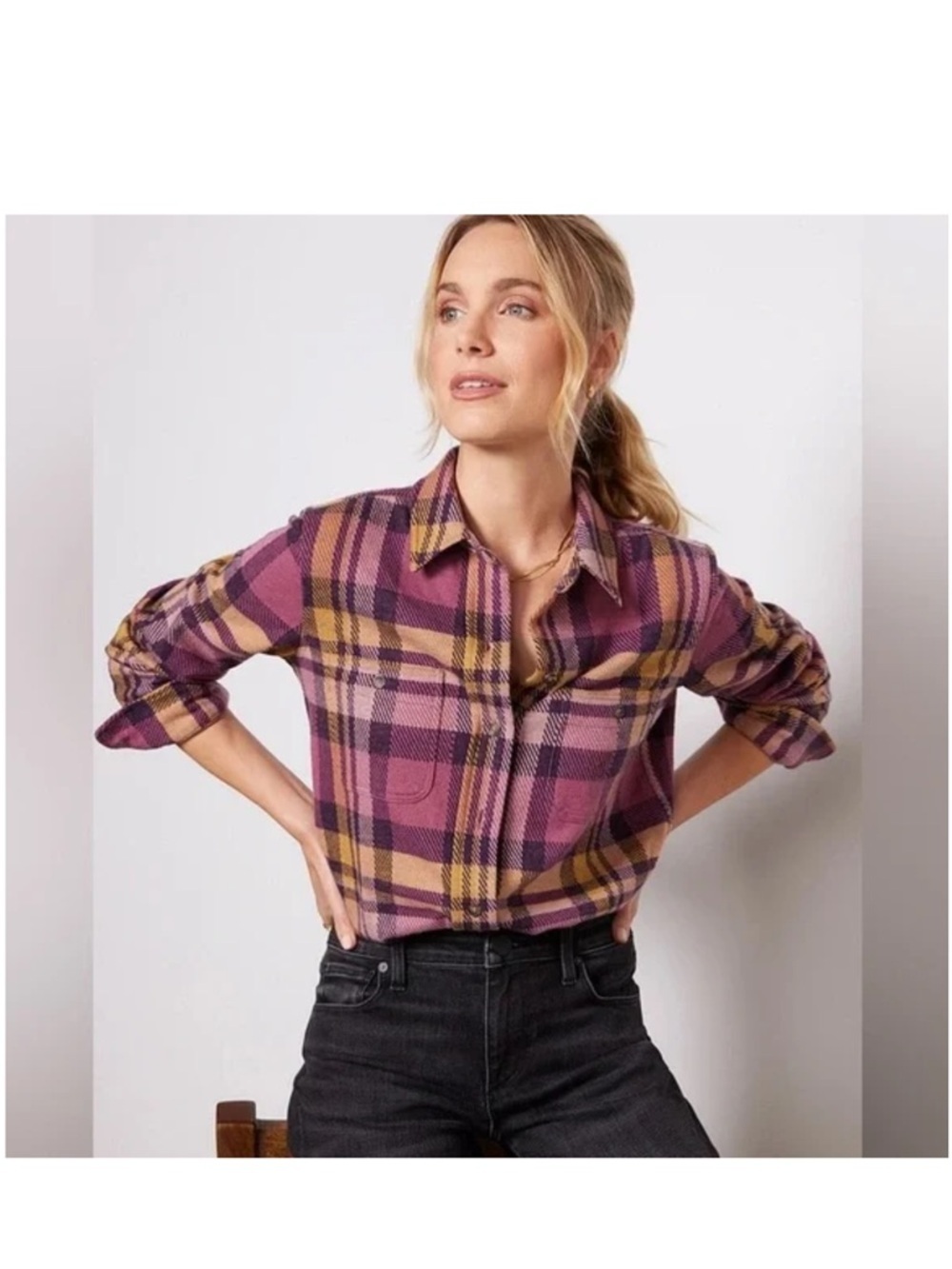Faherty Legend Sweater Shirt Lolita Plaid Pink Purple Knit Flannel Size S